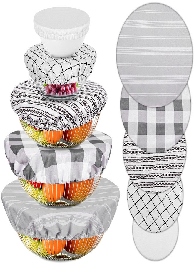 Whaline 10Pcs Bowl Covers Reusable In 5 Size Stretch Cloth Fabric Dish Cover Farmhouse Plaid Gray Ticking Stripe Lids for Food Fruits Leftover Storage - Image 1